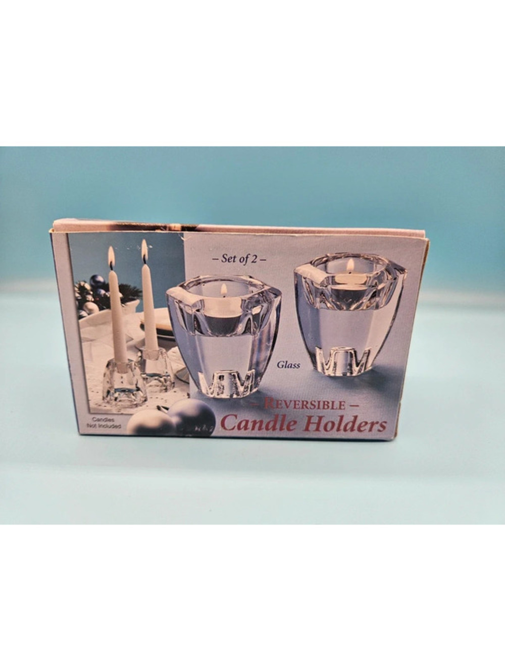 Set of 2 Reversible Glass Candle Holders Taper Tealight Votive in Box